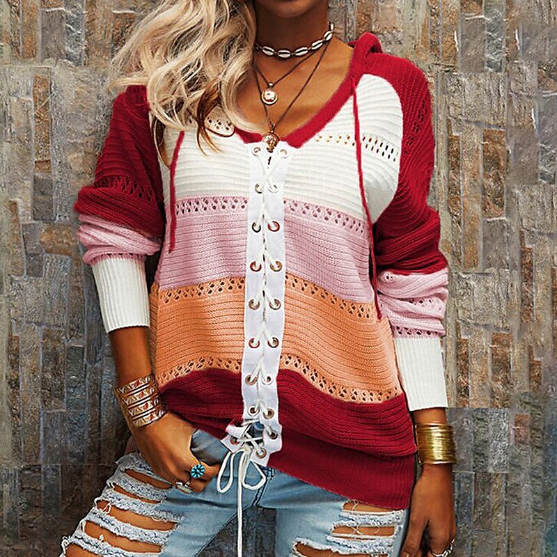 Fudus gestreiftes Kapuzen-Oberteil mit offenem Strick und langen Ärmeln