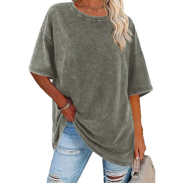 KROHN-E Damen Vintage T-Shirt Oversized-Schnitt Baumwolle Washed-Look Casual
