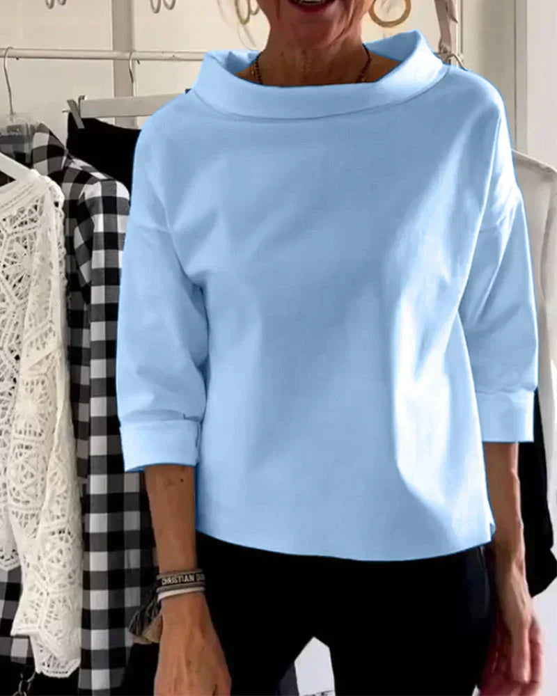 KROHN-E Damen Bateau-Top 3/4 Ärmel Relaxed Fit Cowl-Neck Weiß