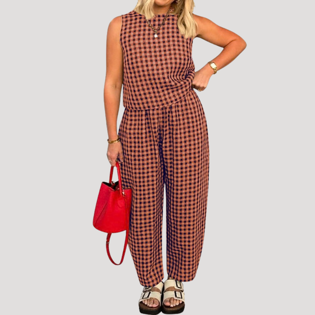 Odile | Damen Karo Zweiteiler Ärmellos Weite Hose