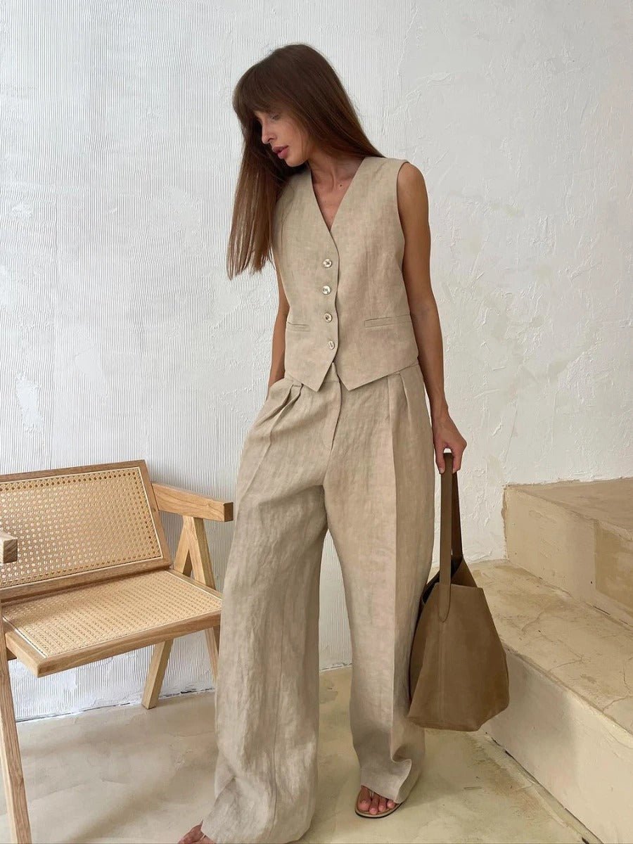 KROHN-E Damen Zweiteiler-Set Weste Hose Beige Modern