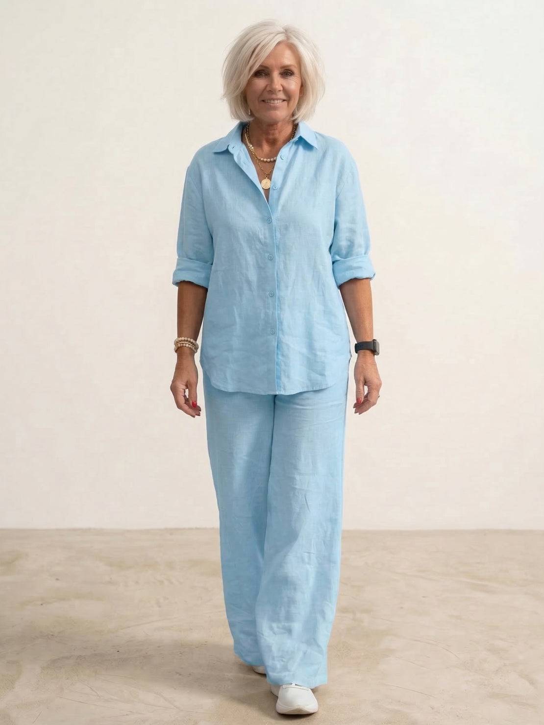 KROHN-E Damen Zweiteiler Hemdbluse Weite Hose Set Marineblau