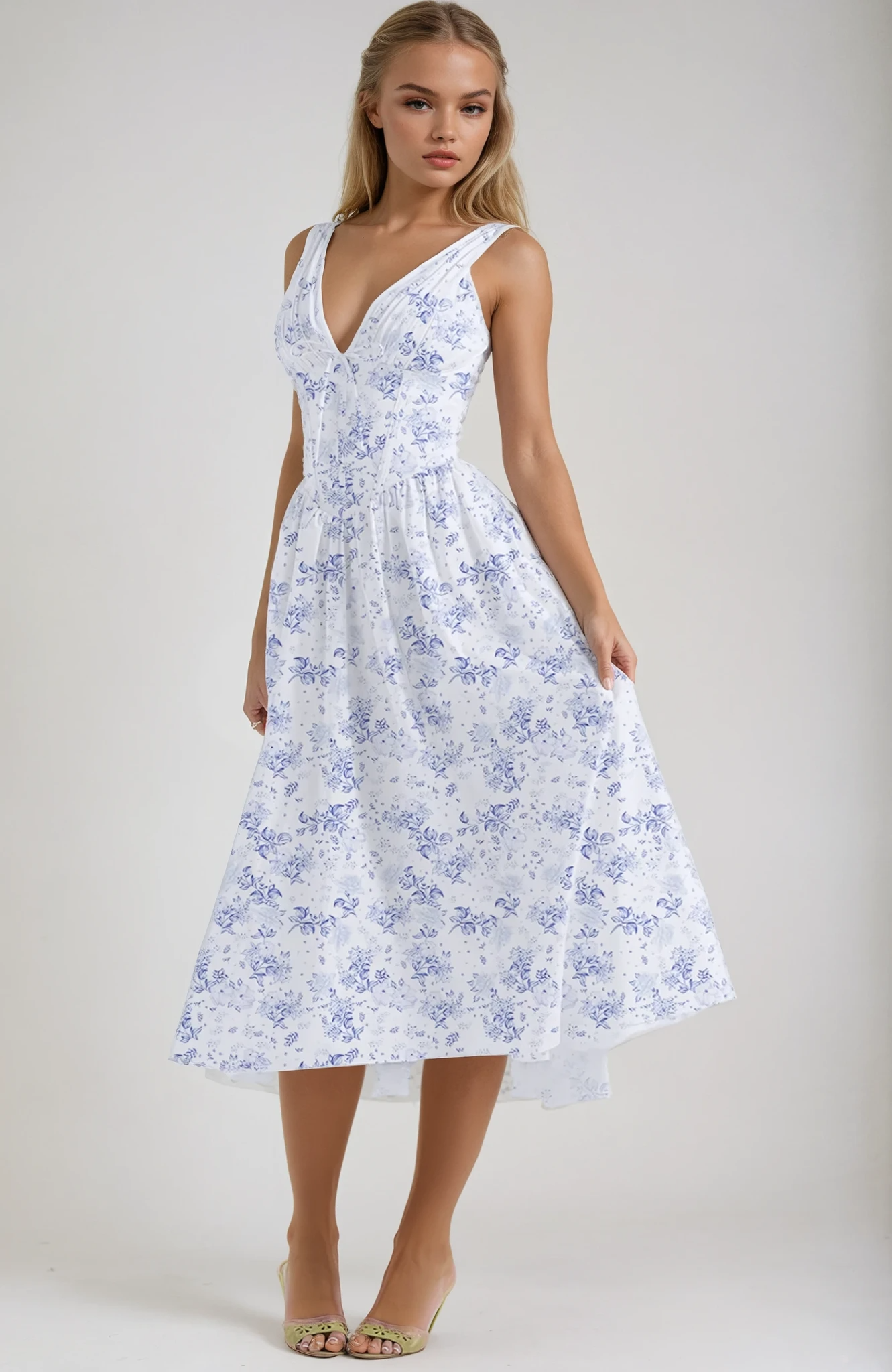 KROHN-E Damen Sommerkleid mit verstellbaren Trägern und fließendem Rock