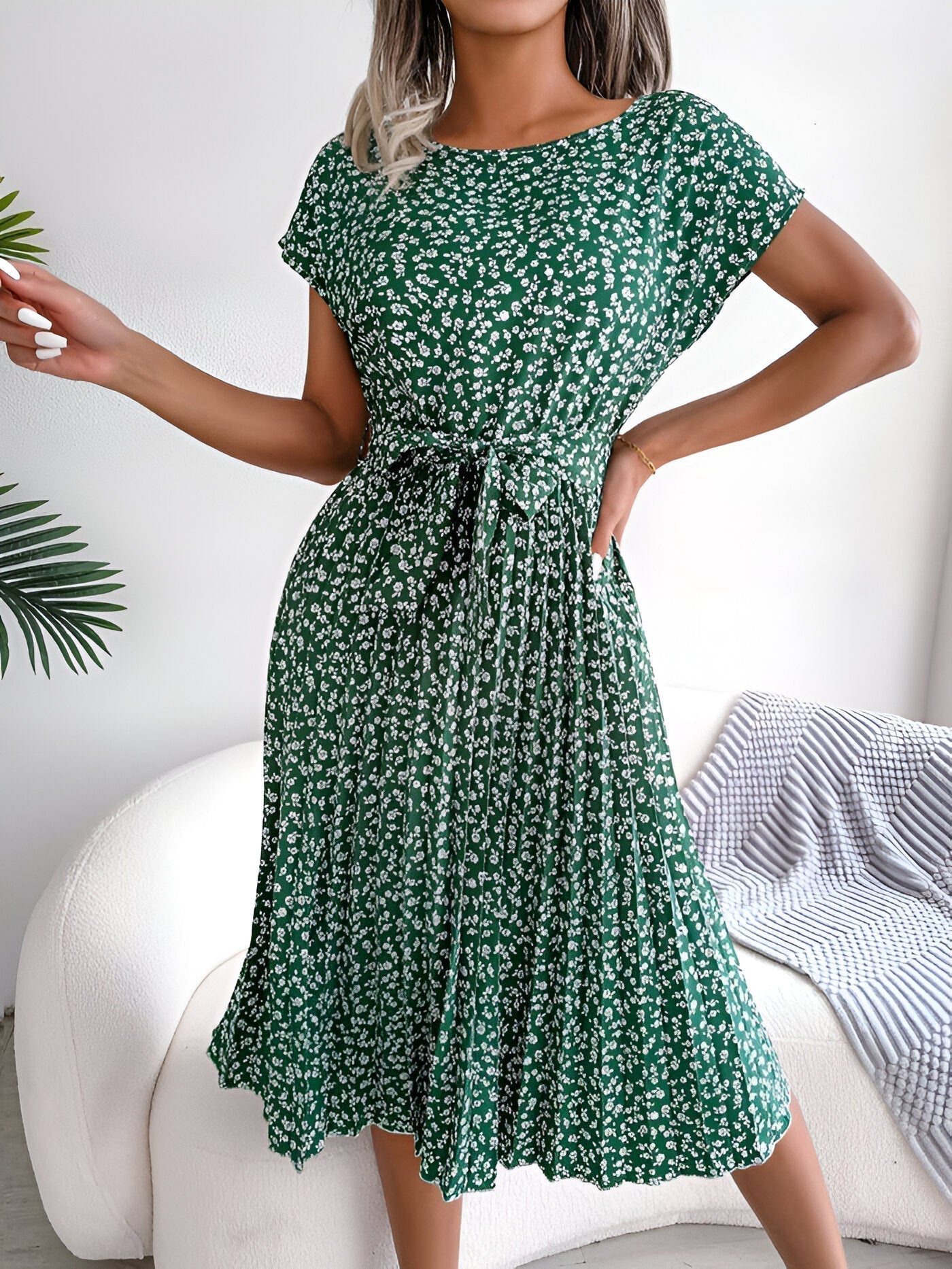 KROHN-E Damen Plissee-Kleid Blumenmuster A-Linie Kurzarm