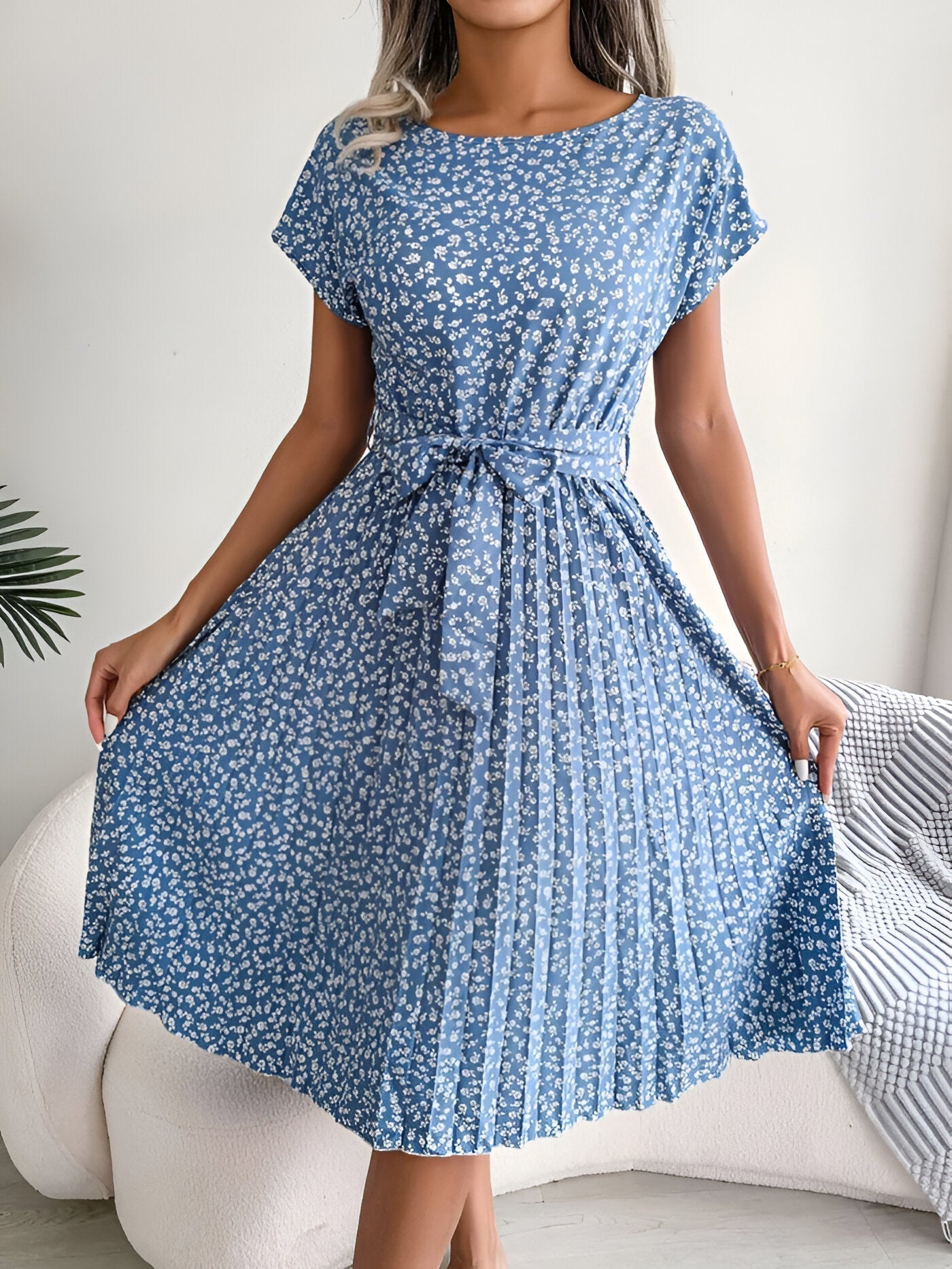 KROHN-E Damen Plissee-Kleid Blumenmuster A-Linie Kurzarm Sommerkleid