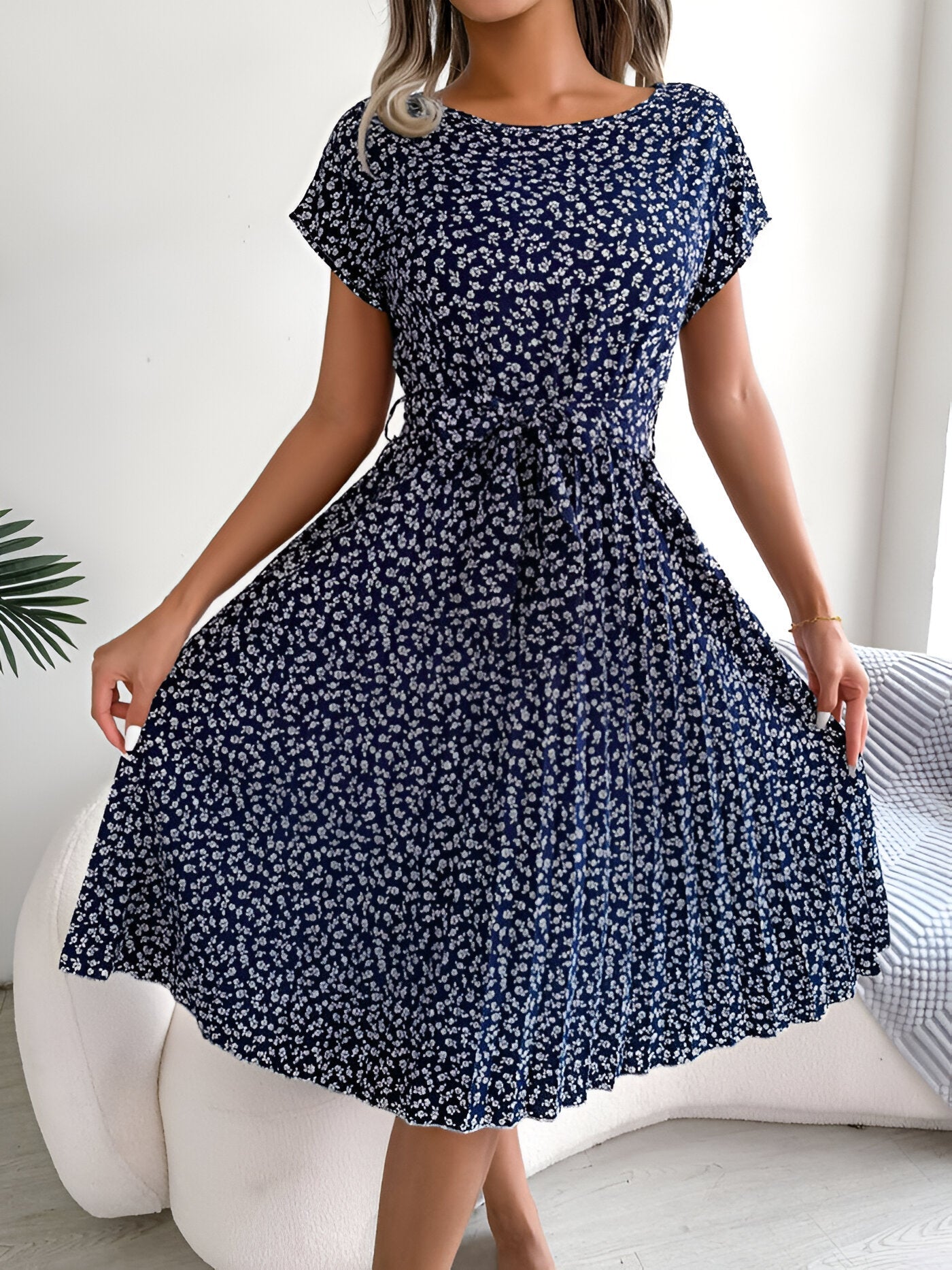 KROHN-E Damen Plissee-Kleid Blumenmuster A-Linie Kurzarm Sommerkleid
