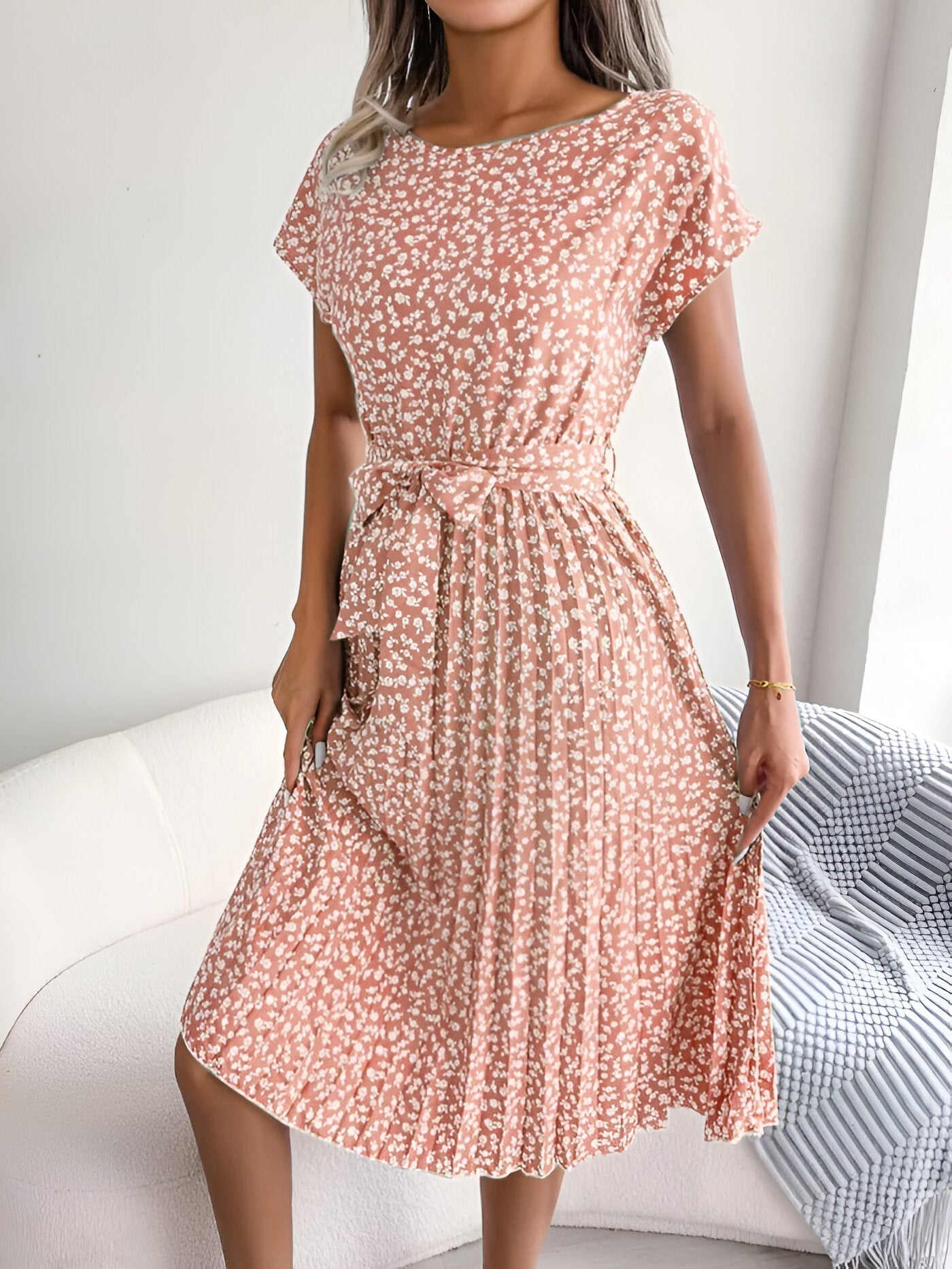 KROHN-E Damen Plissee-Kleid Blumenmuster A-Linie Kurzarm Sommerkleid
