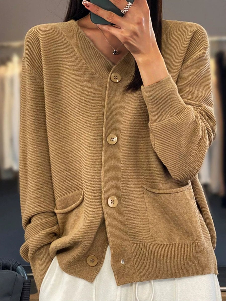 Krohn-e | Cardigan - Taschen Einfarbiger V-Ausschnitt Strick-Cardigan, Einfach und Vielseitig