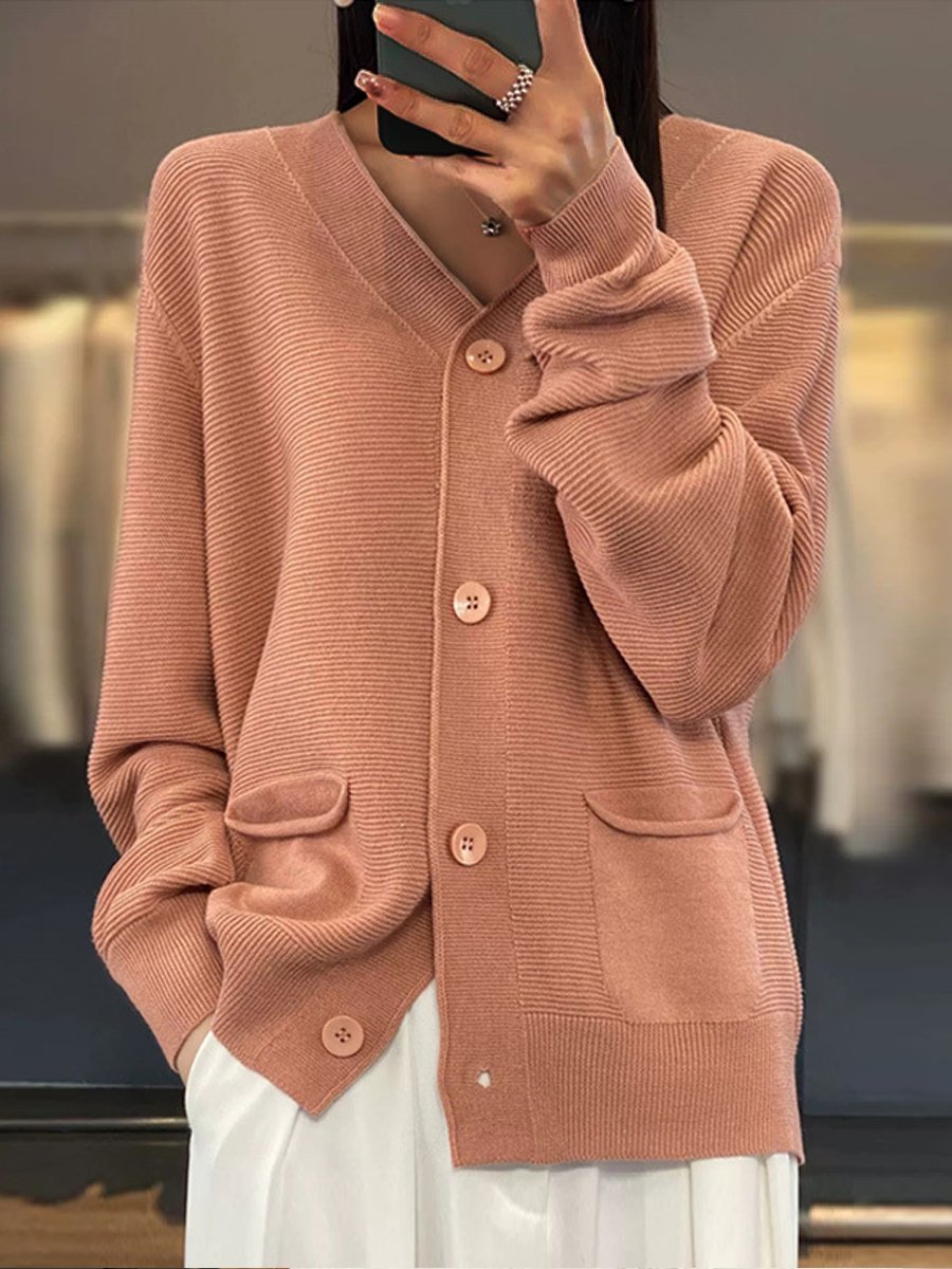 Krohn-e | Cardigan - Taschen Einfarbiger V-Ausschnitt Strick-Cardigan, Einfach und Vielseitig