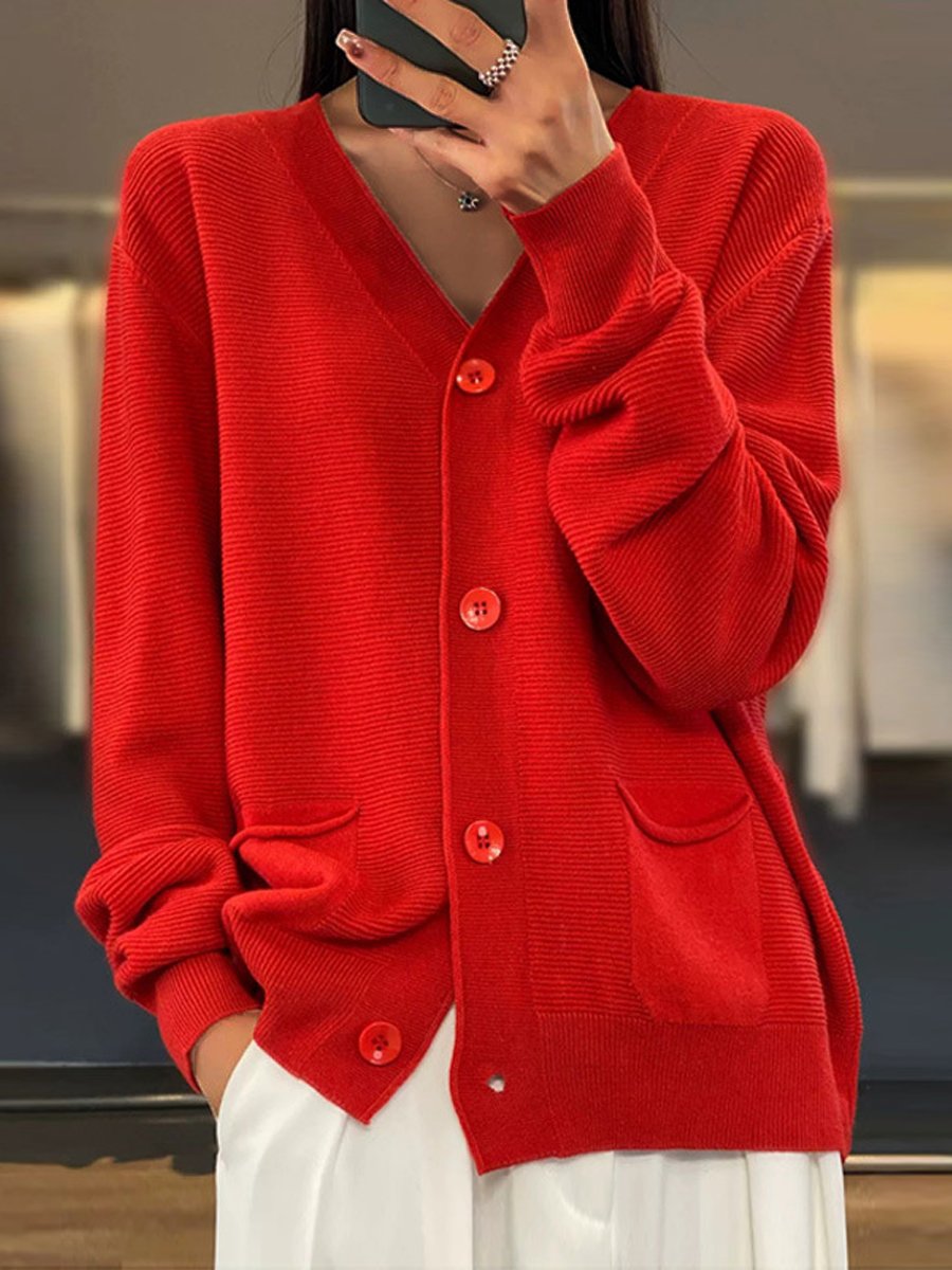 Krohn-e | Cardigan - Taschen Einfarbiger V-Ausschnitt Strick-Cardigan, Einfach und Vielseitig