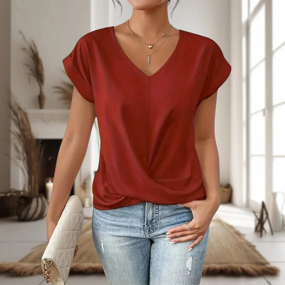 KROHN-E Damen T-Shirt Herzausschnitt Kurzarm Weicher Stoff Casual