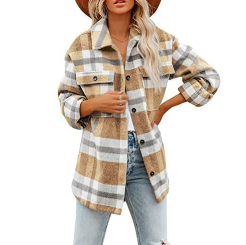 Krohn-e | Übergröße Damen Wolljacke mit Karomuster und Taschen