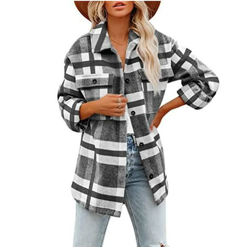 Krohn-e | Übergröße Damen Wolljacke mit Karomuster und Taschen