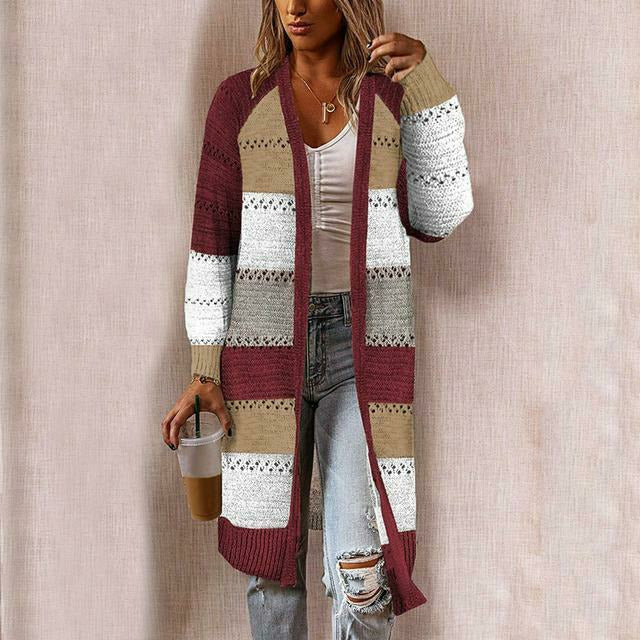 Krohn-e | Strickjacke - Damen Herbst Lange Gestreifte Strickjacke