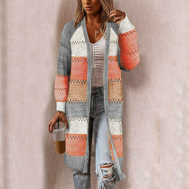 Krohn-e | Strickjacke - Damen Herbst Lange Gestreifte Strickjacke