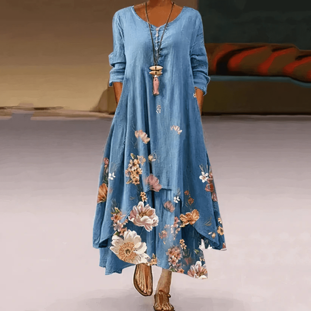 Langes Maxikleid von Quenilda mit Blumenmuster und langen Ärmeln