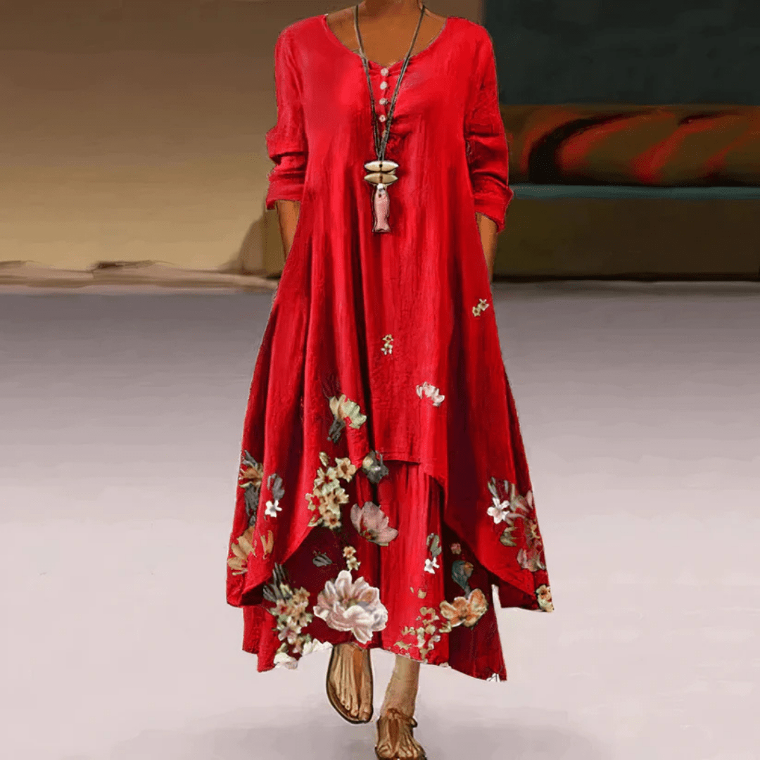 Langes Maxikleid von Quenilda mit Blumenmuster und langen Ärmeln
