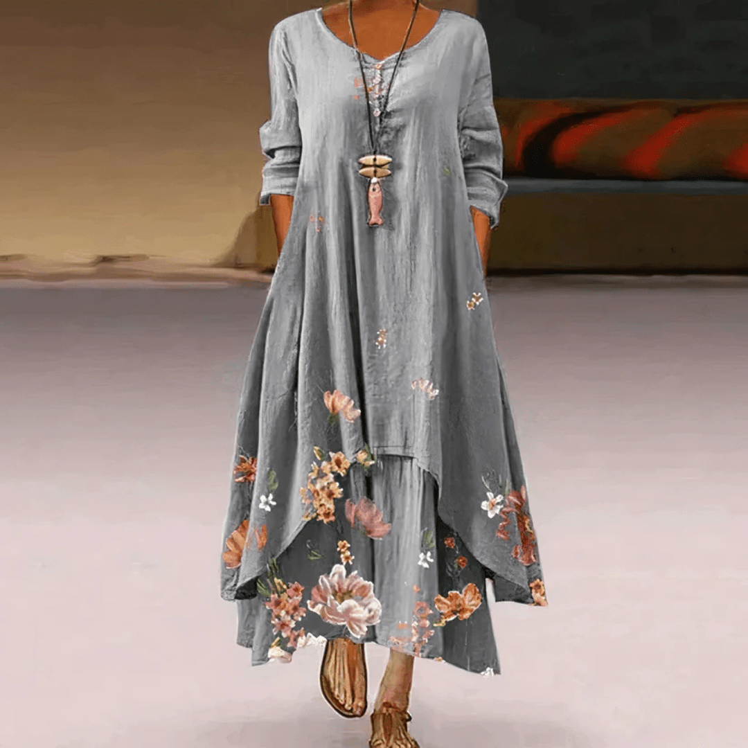 Langes Maxikleid von Quenilda mit Blumenmuster und langen Ärmeln
