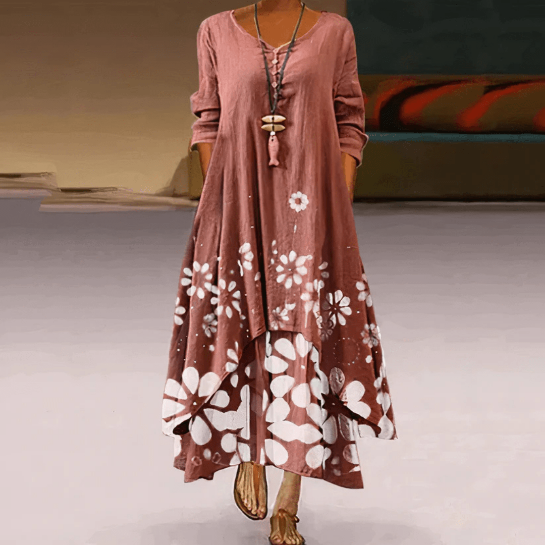 Langes Maxikleid von Quenilda mit Blumenmuster und langen Ärmeln