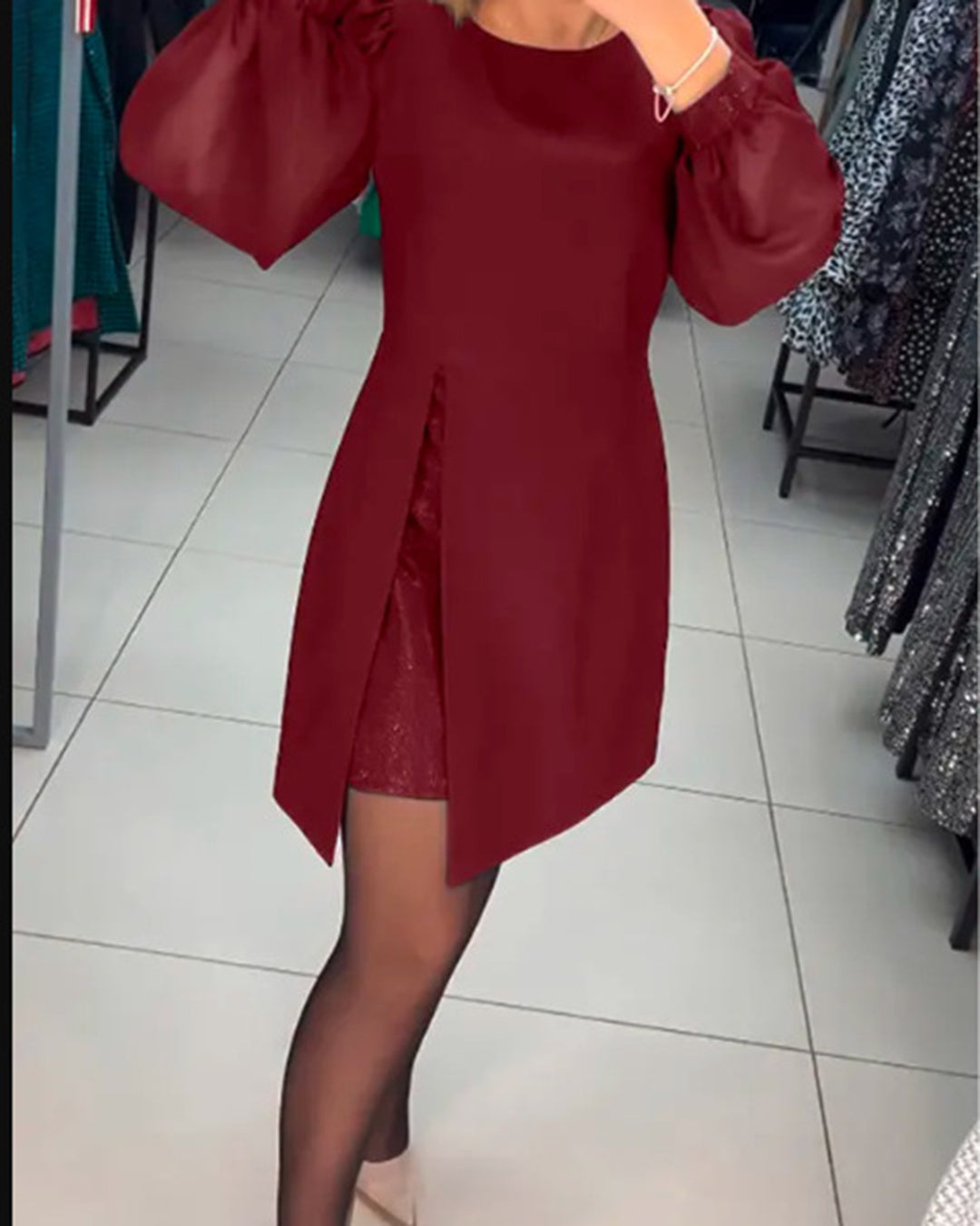 Elegantes knielanges A-Linien-Kleid Therese für Damen mit Laternenärmeln