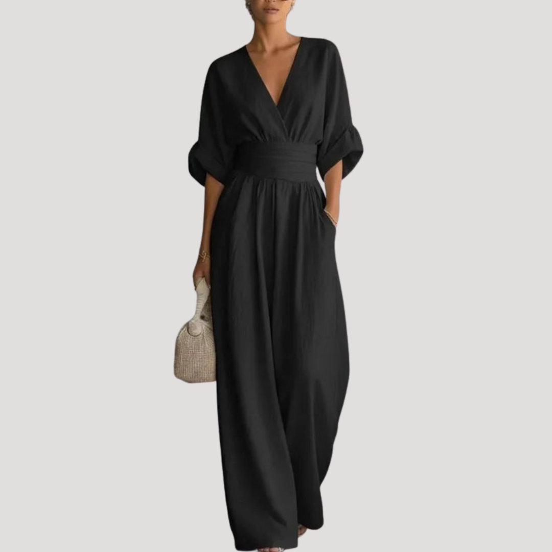 Reena | Damen Jumpsuit Weites Bein V-Ausschnitt Overall