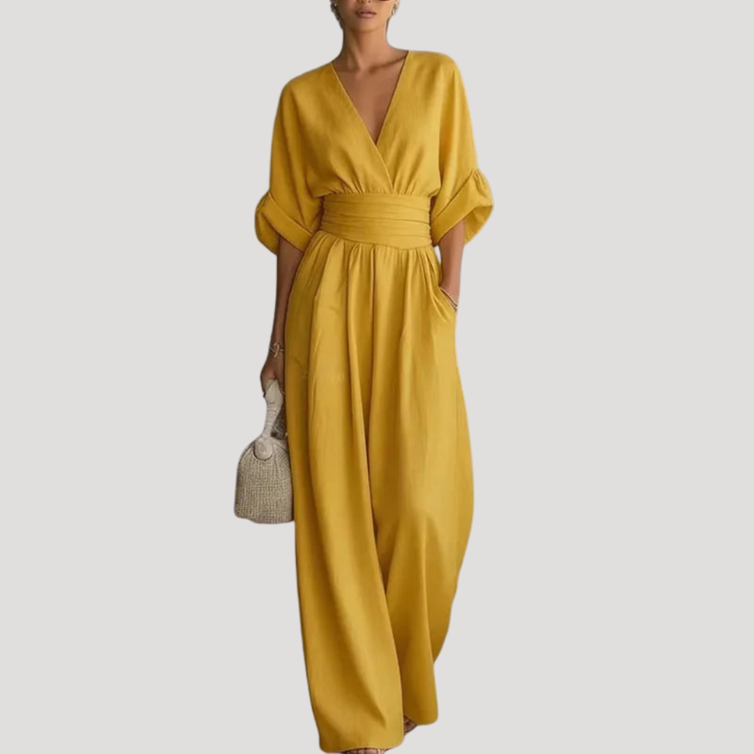 Reena | Damen Jumpsuit Weites Bein V-Ausschnitt Overall