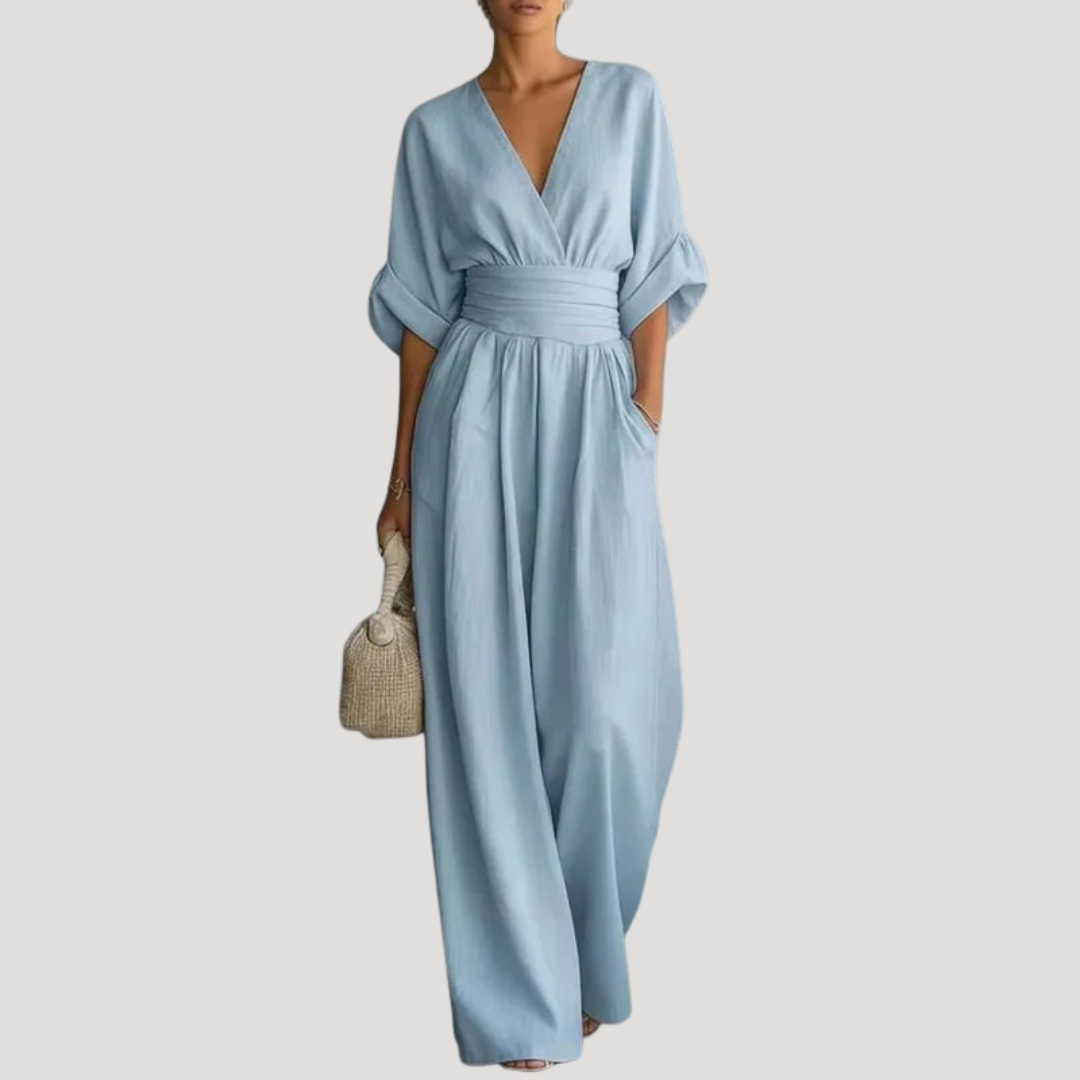 Reena | Damen Jumpsuit Weites Bein V-Ausschnitt Overall
