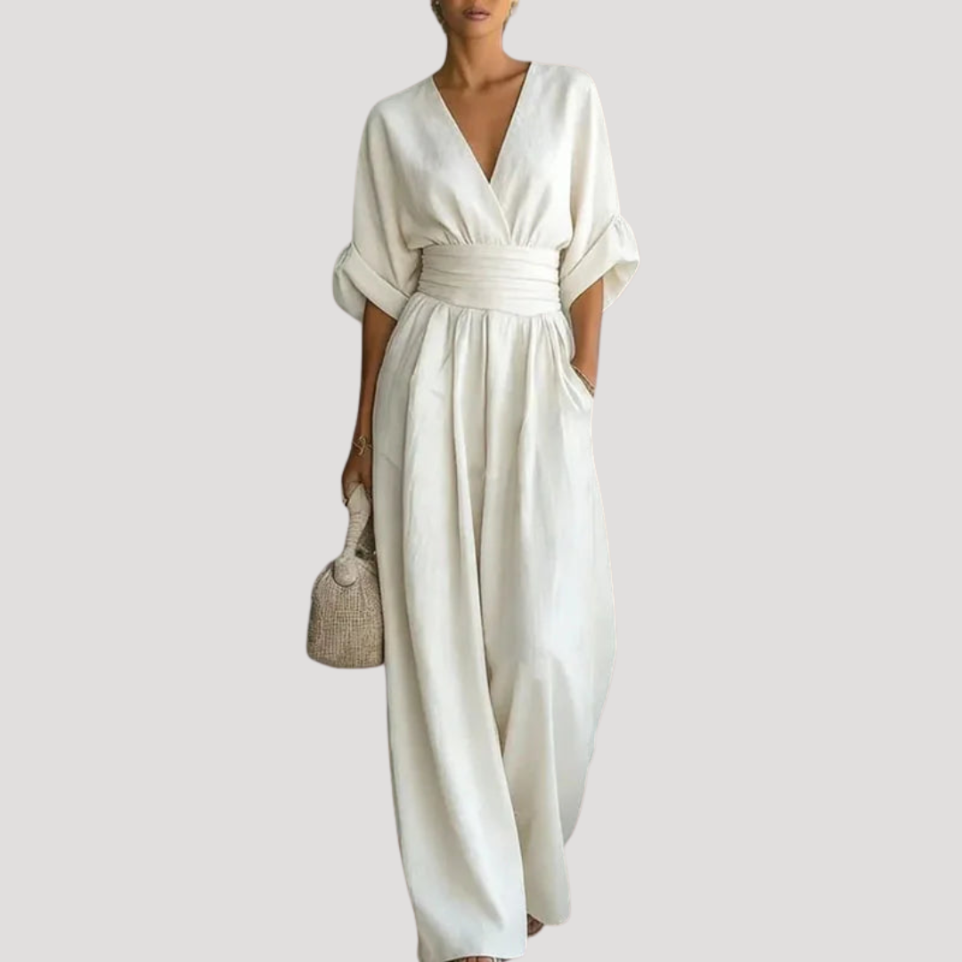 Reena | Damen Jumpsuit Weites Bein V-Ausschnitt Overall