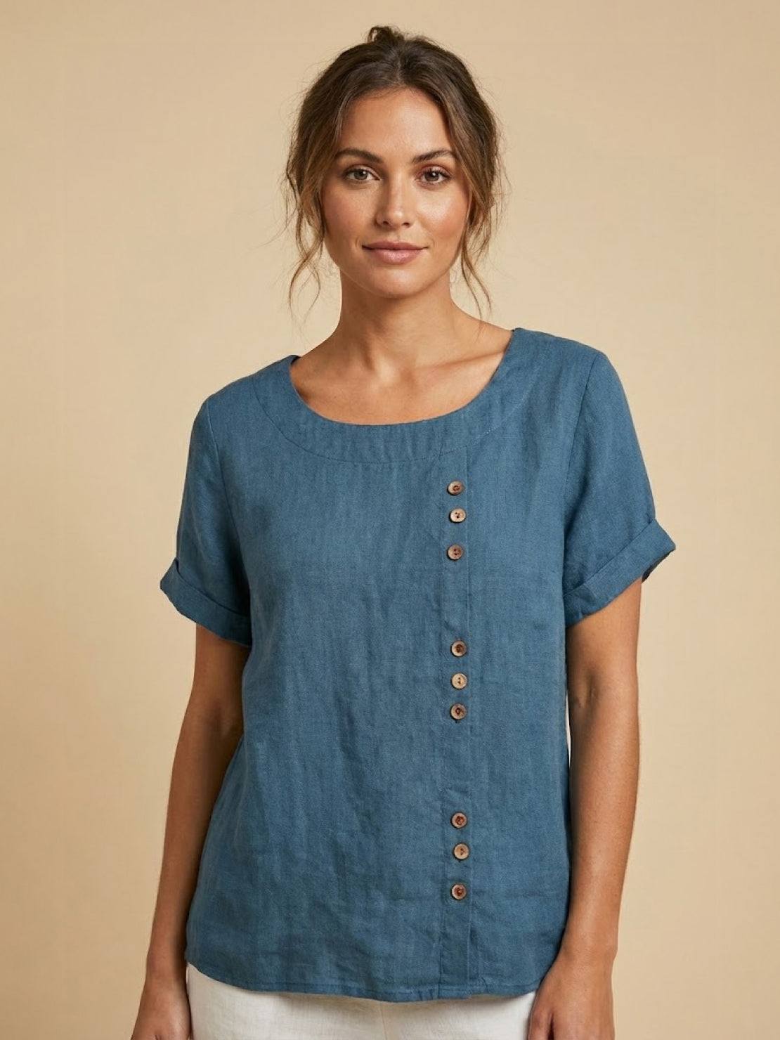 KROHN-E Damen Kurzarm-Bluse Rundhals Knöpfe Leinen Casual