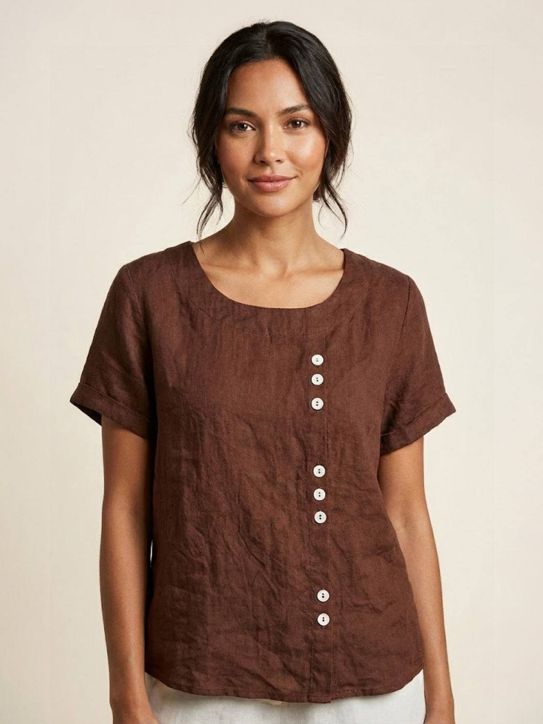 KROHN-E Damen Kurzarm-Bluse Rundhals Knöpfe Leinen Casual