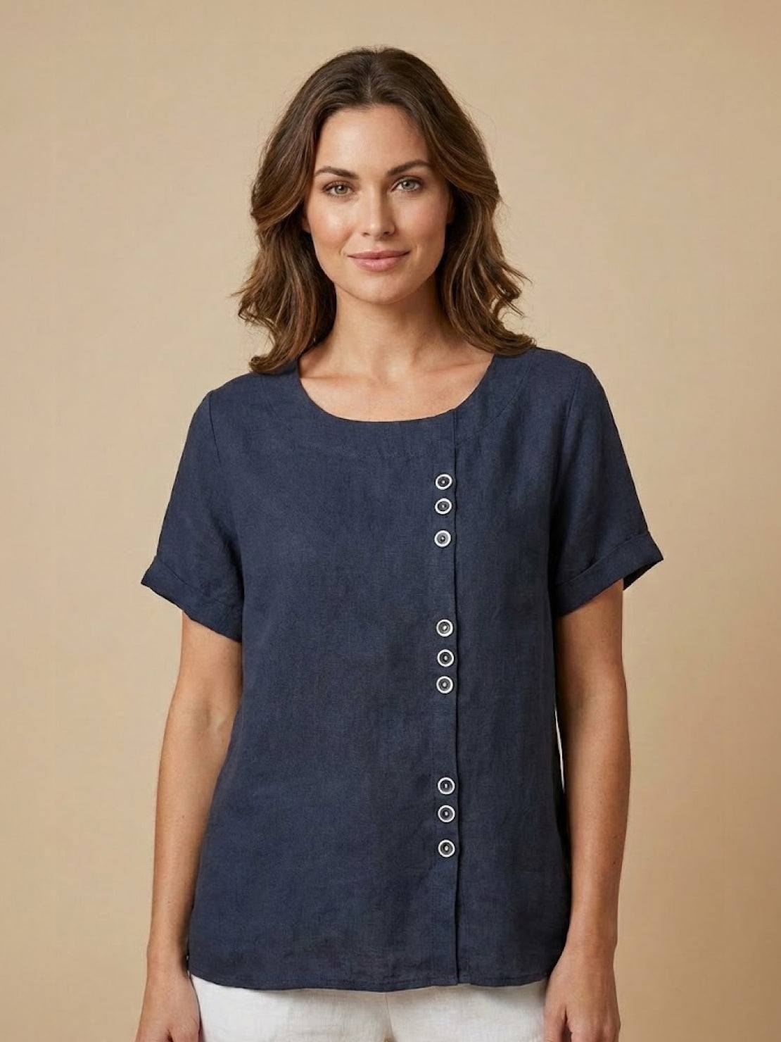 KROHN-E Damen Kurzarm-Bluse Rundhals Knöpfe Leinen Casual