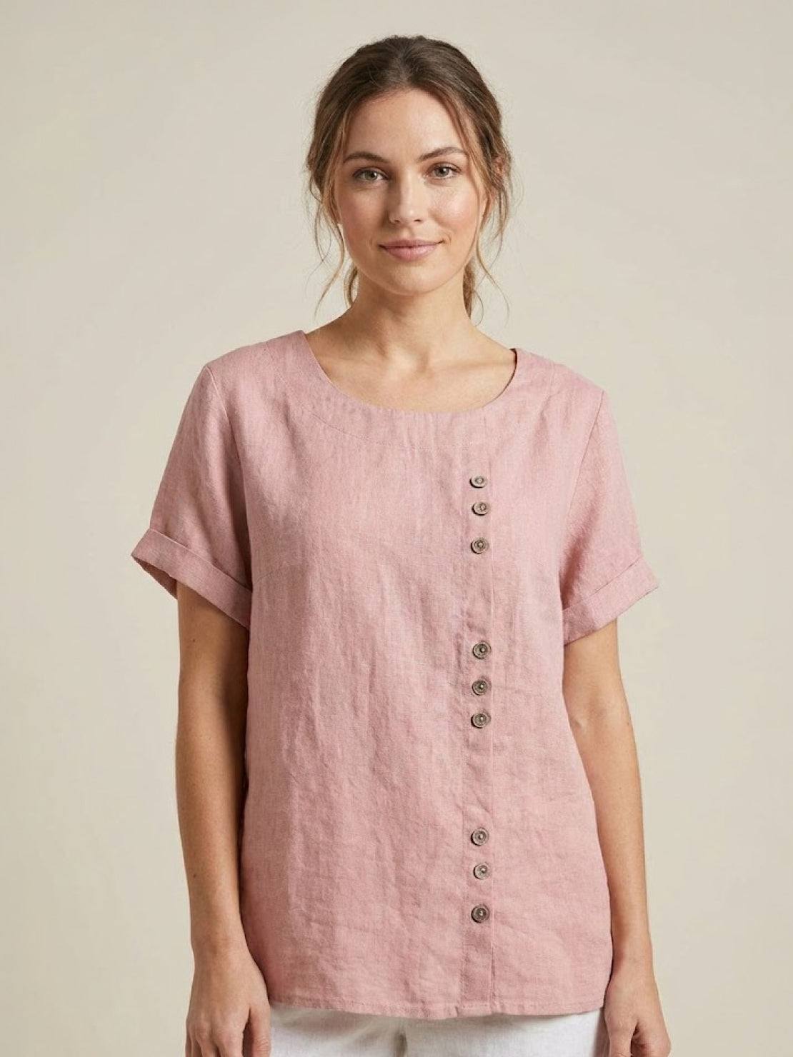 KROHN-E Damen Kurzarm-Bluse Rundhals Knöpfe Leinen Casual