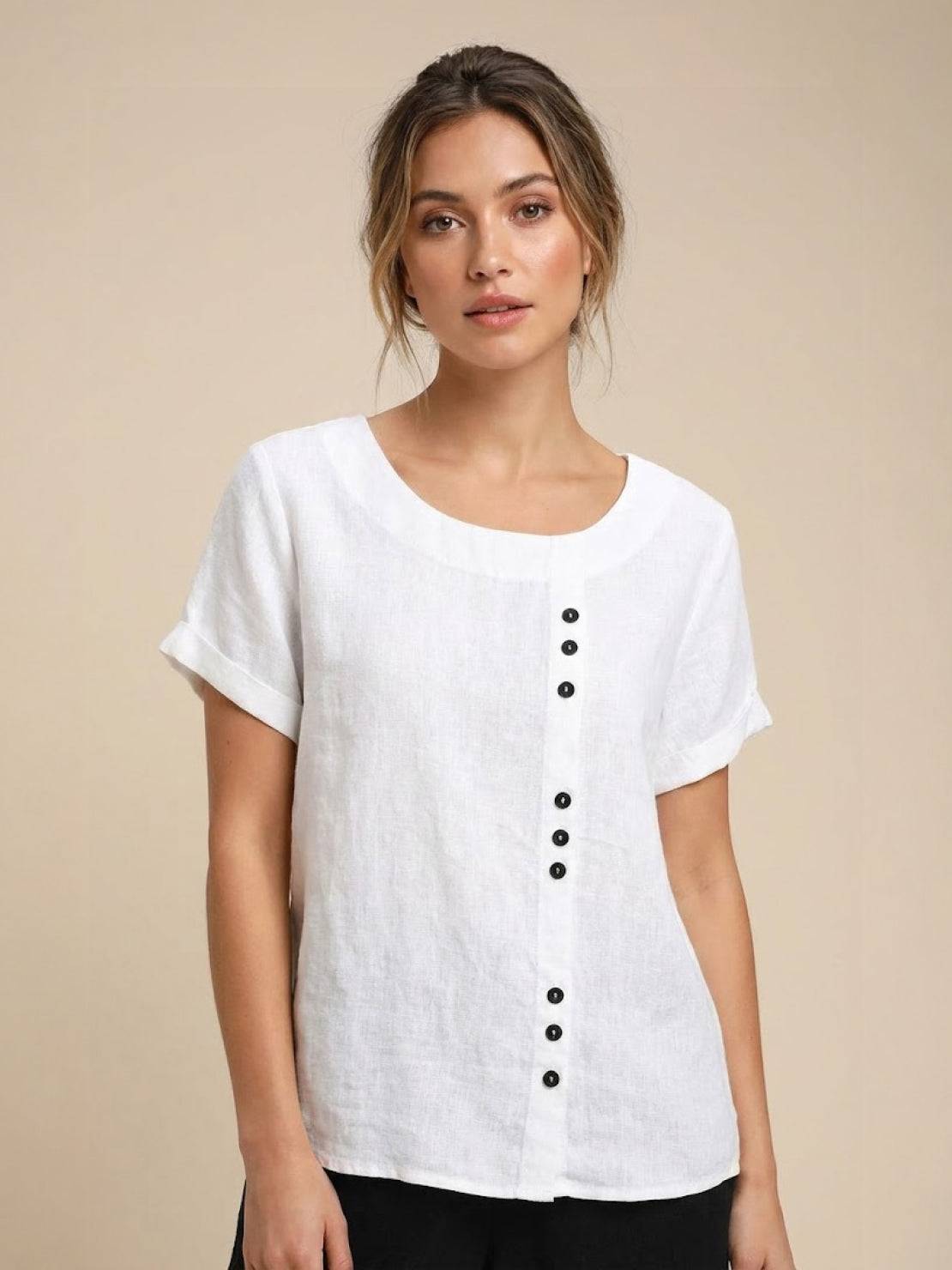 KROHN-E Damen Kurzarm-Bluse Rundhals Knöpfe Leinen Casual