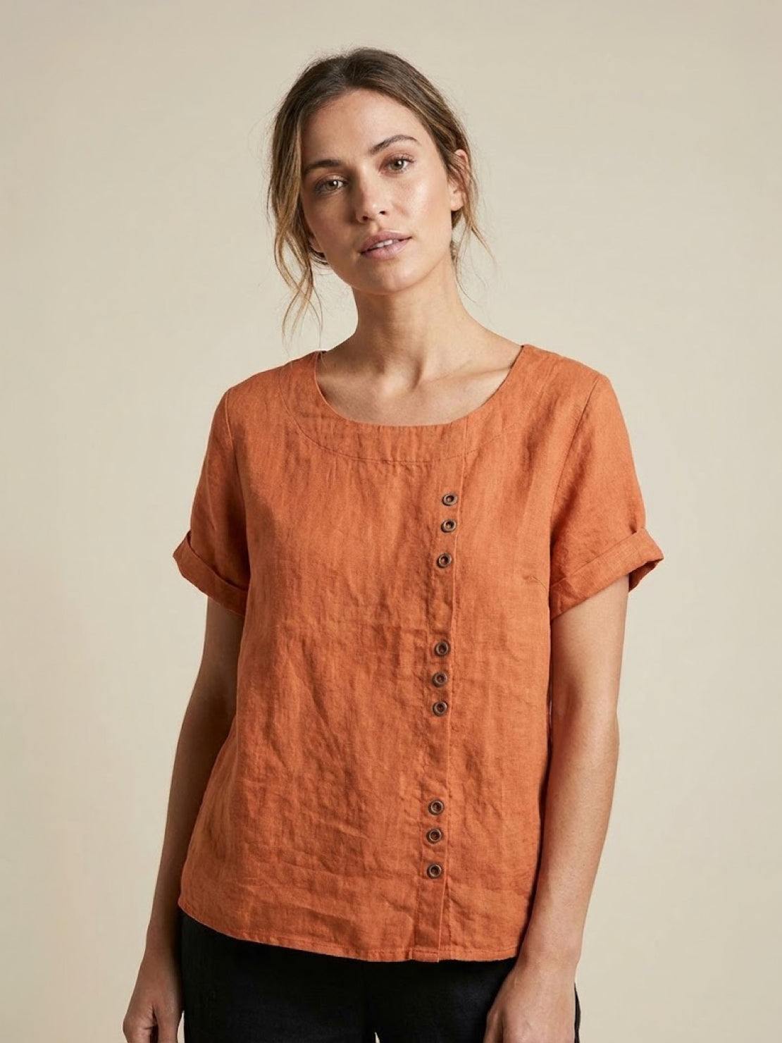 KROHN-E Damen Kurzarm-Bluse Rundhals Knöpfe Leinen Casual