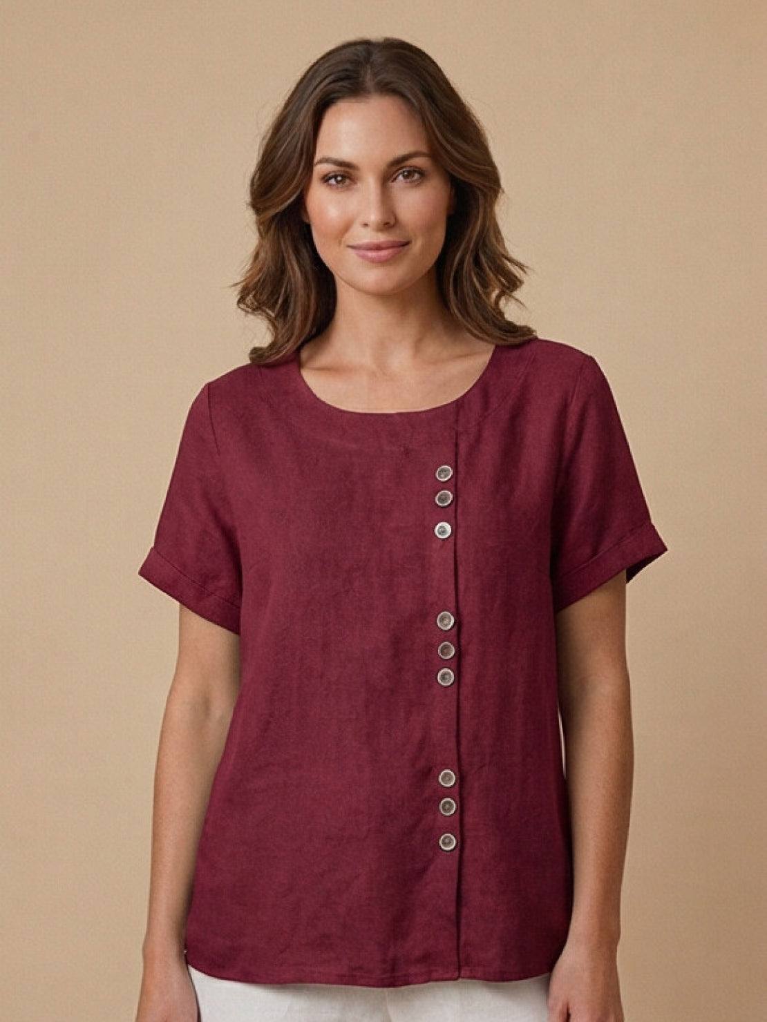 KROHN-E Damen Kurzarm-Bluse Rundhals Knöpfe Leinen Casual
