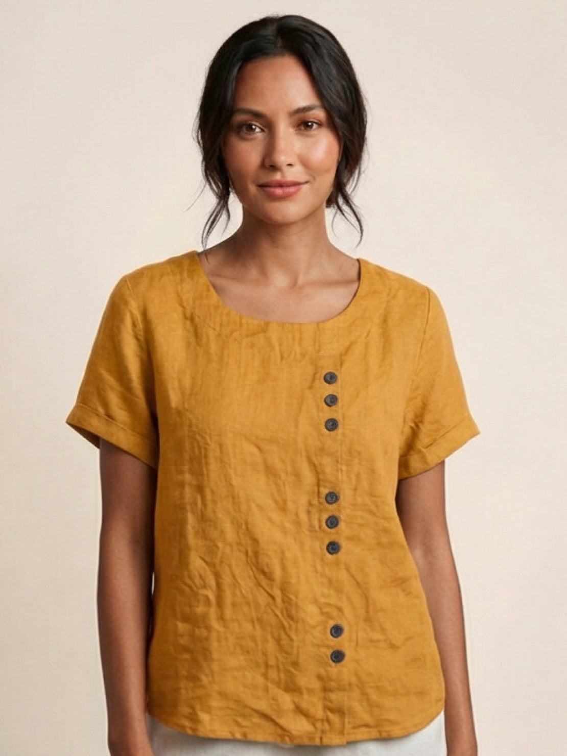 KROHN-E Damen Kurzarm-Bluse Rundhals Knöpfe Leinen Casual