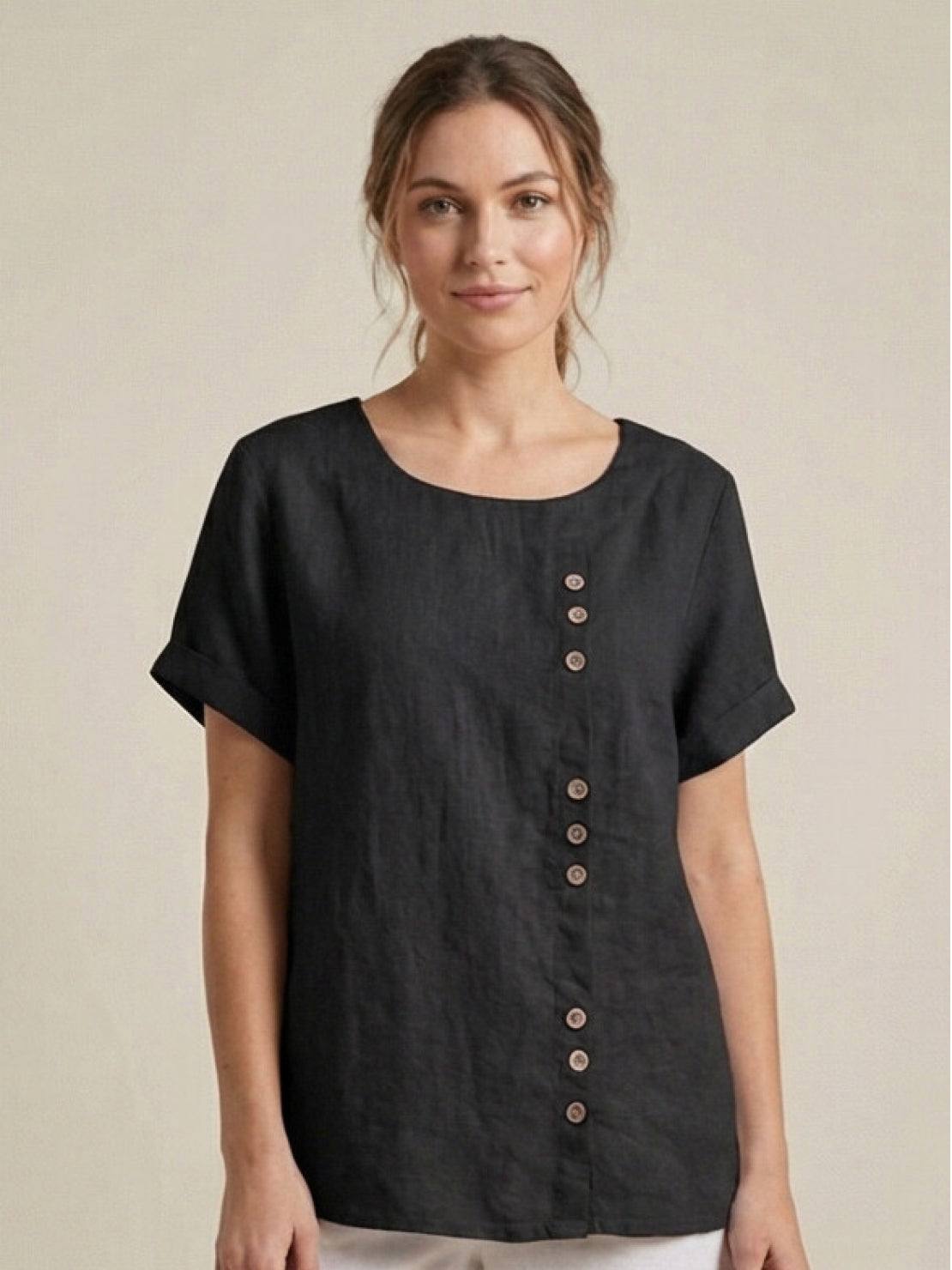 KROHN-E Damen Kurzarm-Bluse Rundhals Knöpfe Leinen Casual