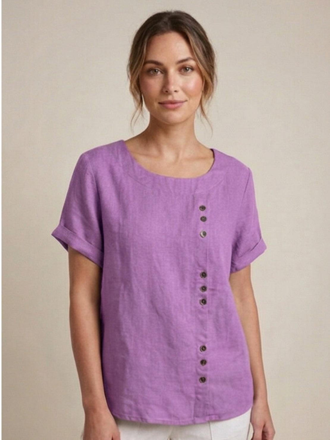 KROHN-E Damen Kurzarm-Bluse Rundhals Knöpfe Leinen Casual