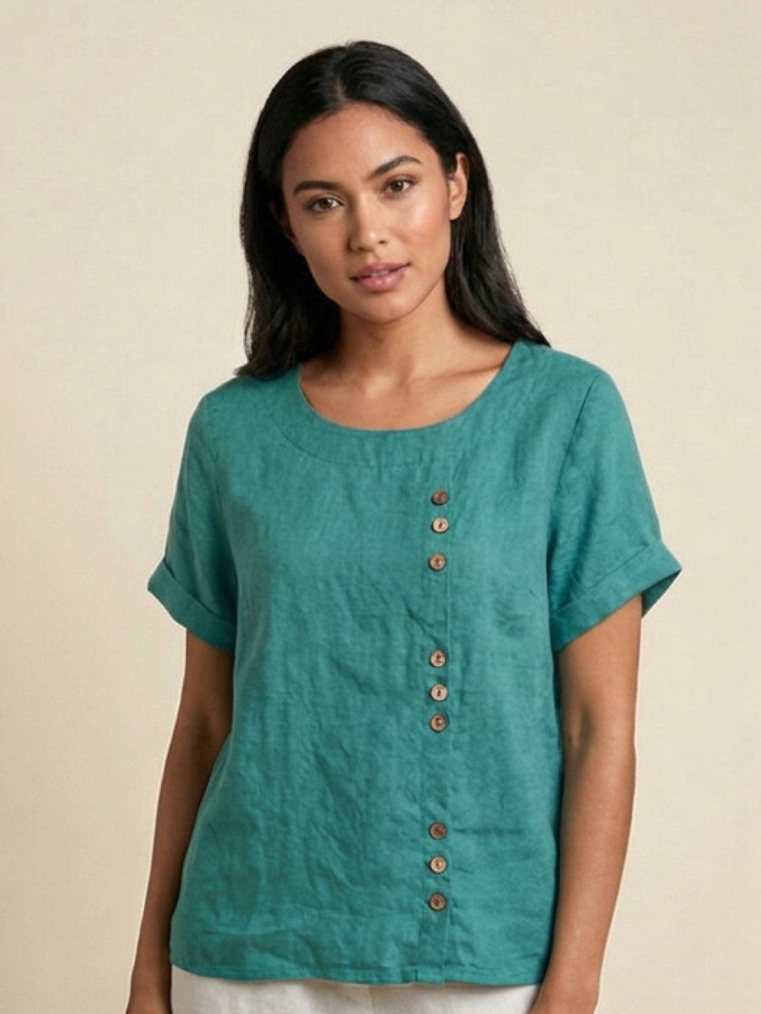 KROHN-E Damen Kurzarm-Bluse Rundhals Knöpfe Leinen Casual