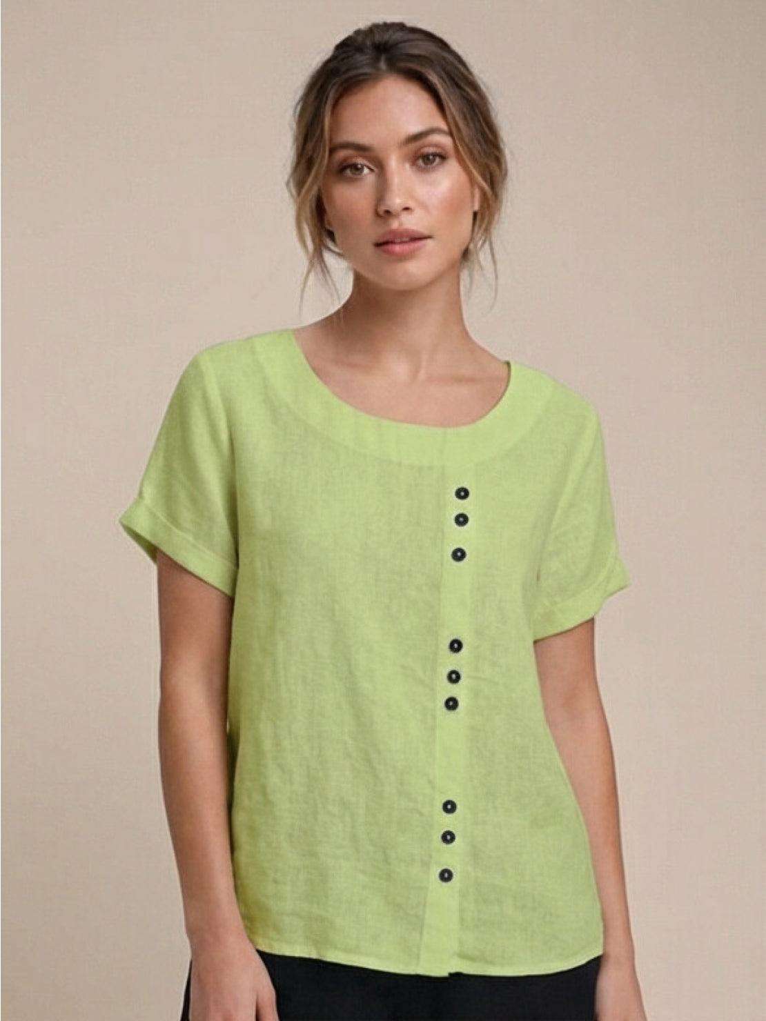 KROHN-E Damen Kurzarm-Bluse Rundhals Knöpfe Leinen Casual
