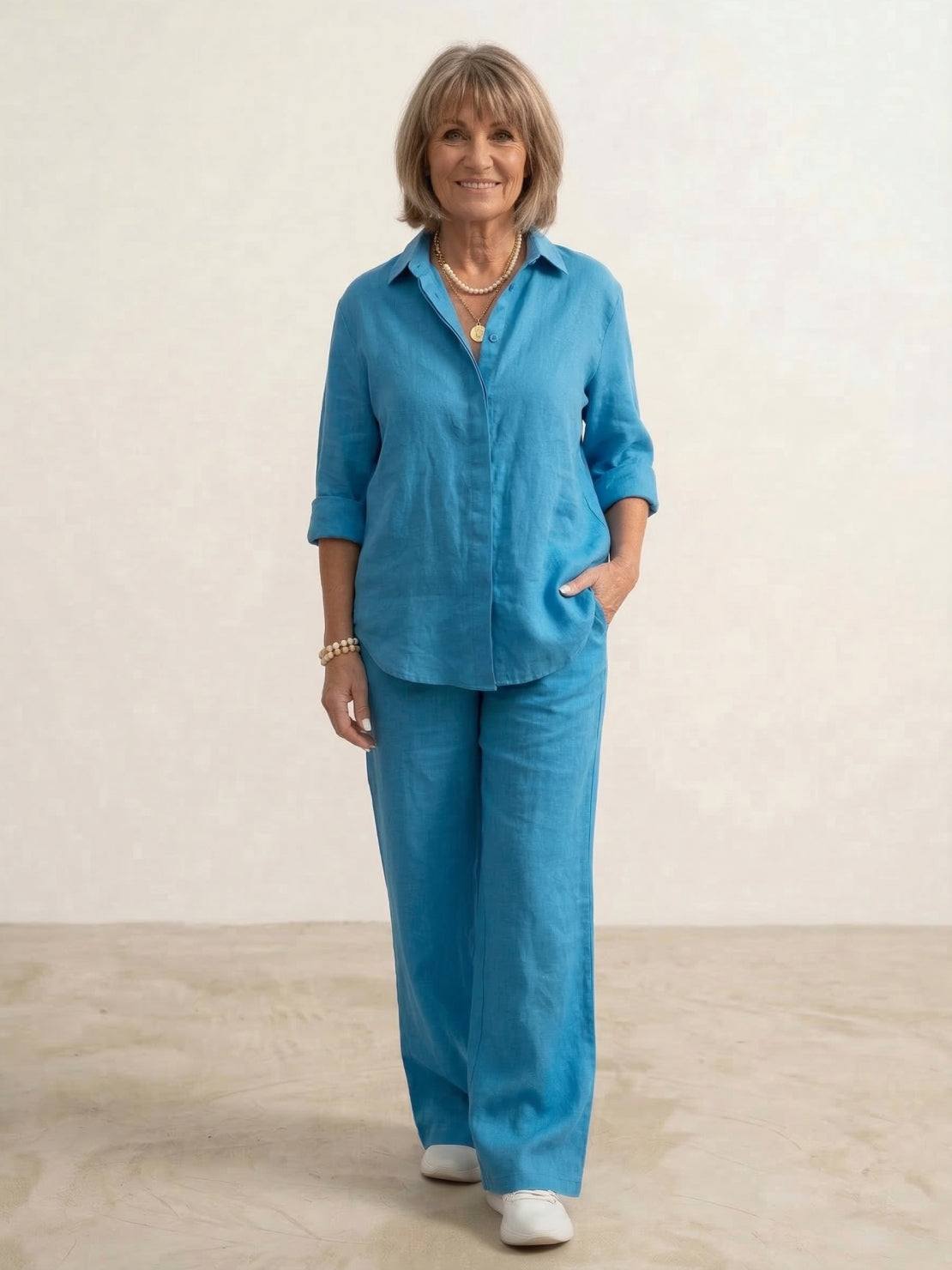 KROHN-E Damen Zweiteiler Hemdbluse Weite Hose Set Marineblau
