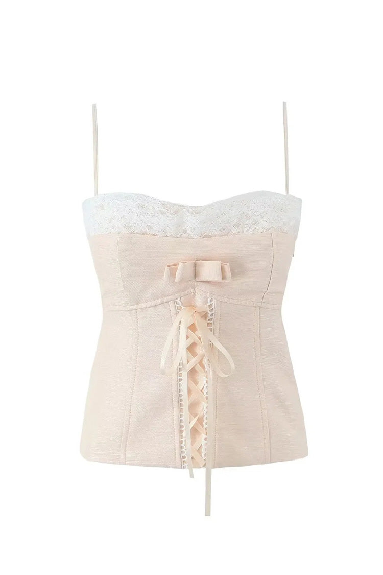 Fudus Spitzen-Tanktop mit Herz-Ausschnitt, Spaghettiträgern und Schleifenknoten-Detail