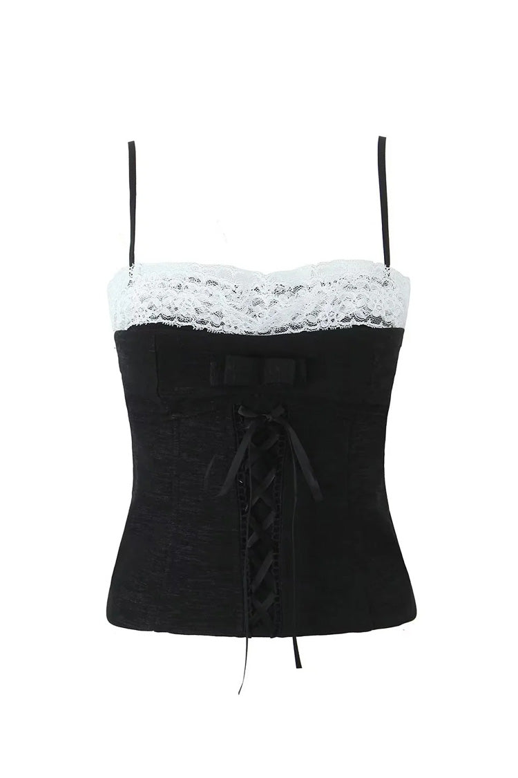 Fudus Spitzen-Tanktop mit Herz-Ausschnitt, Spaghettiträgern und Schleifenknoten-Detail