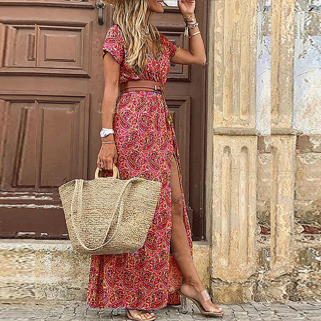 KROHN-E Damen Boho Maxi-Kleid Luftiges Design Passender Gürtel Sommerkleid Muster