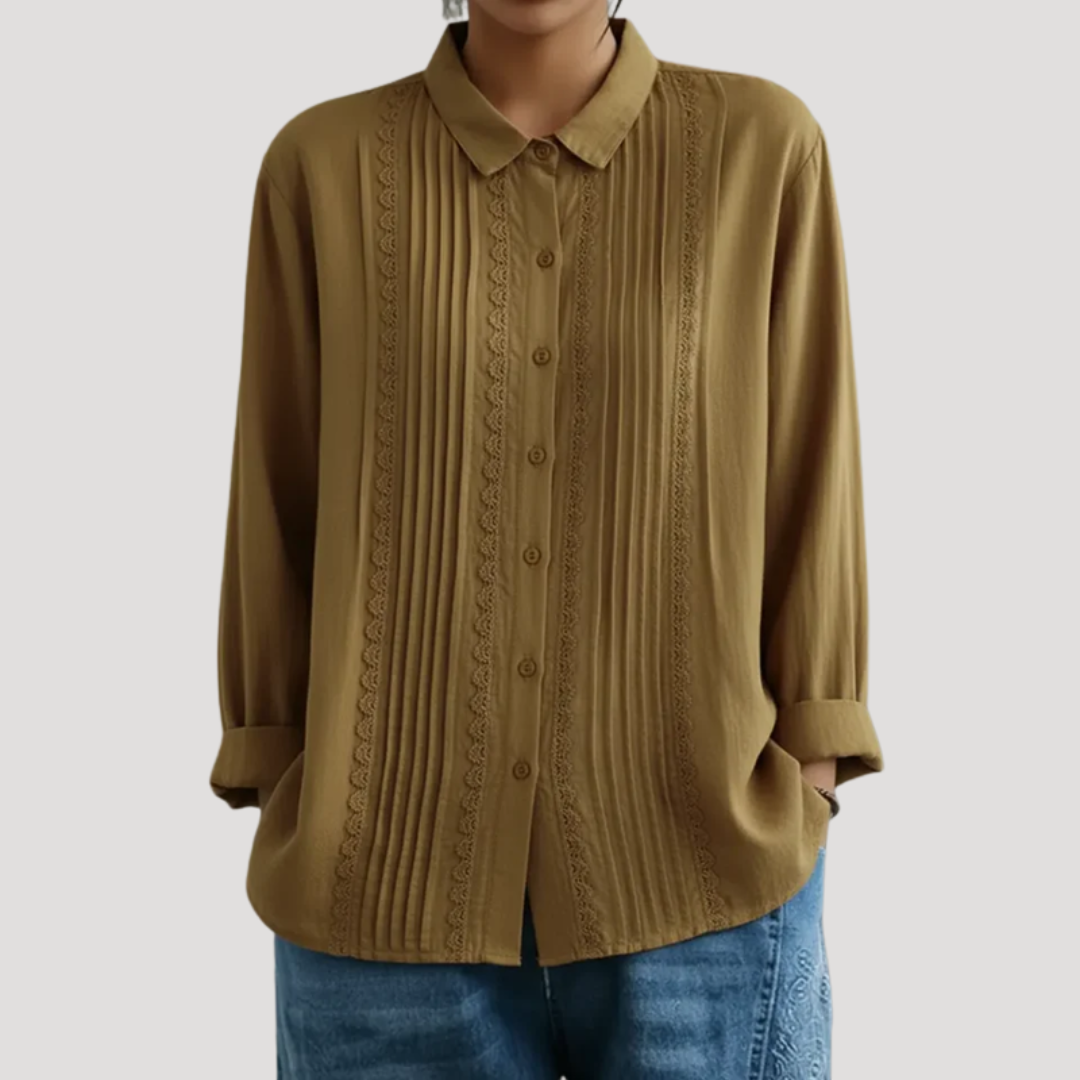 Romy | Damen Plissee Langarm Bluse mit Spitzendetails