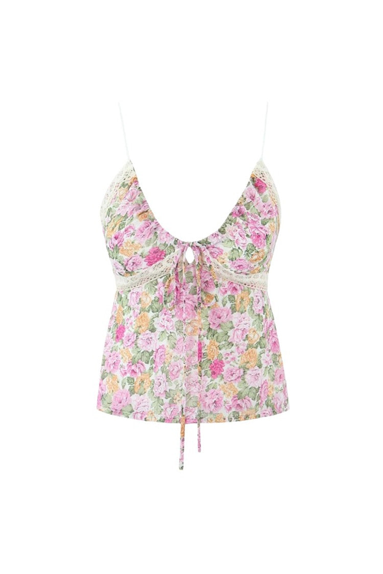 Smocked Tank Top with Floral Knot Front, V-Neck, Spaghetti Straps, and Lace Trim