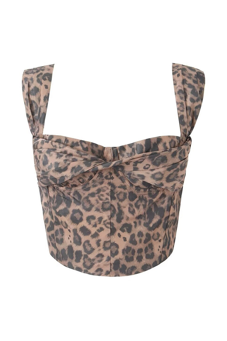 Fudus Leopard Print Twist Front Bustier Crop Tank