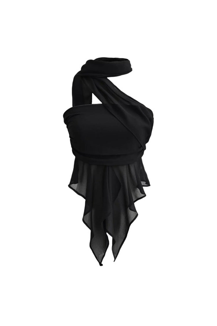 Wickelhalterloses Chiffon-Crop-Top mit Raffung, Drapierung und Peplum-Rüsche von Fudus