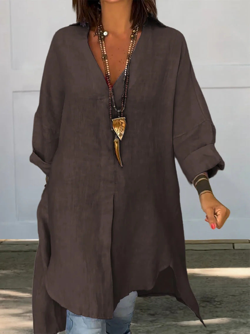 Sigrid | Damen Oversized Longbluse Hemdkragen Langarm