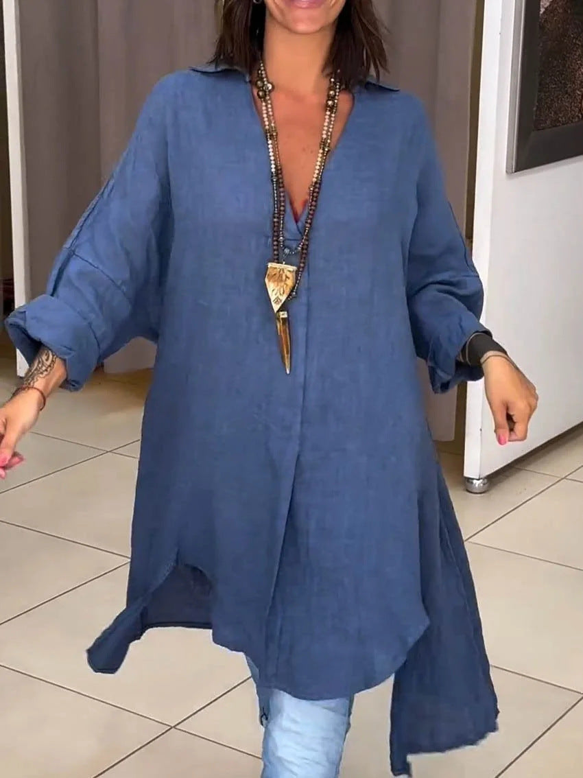 Sigrid | Damen Oversized Longbluse Hemdkragen Langarm